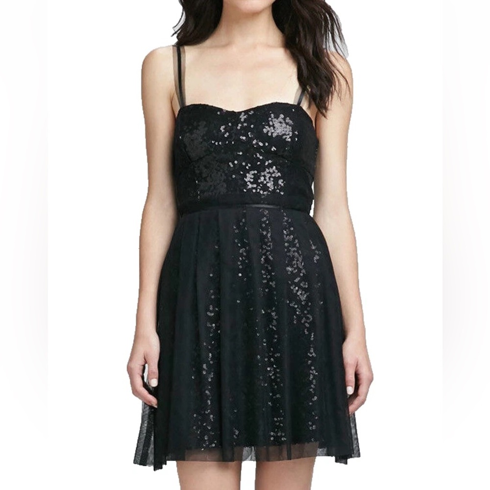 French Connection Sequin Tulle Mini Dress Sweetheart HoCo Goth Glam Black Size 4